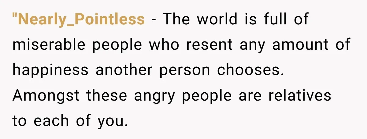 "Nearly_Pointless − The world is full of miserable people who resent any amount of happiness another person chooses. Amongst these angry people are relatives to each of you.