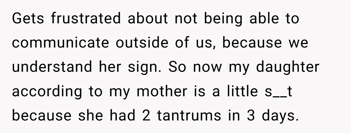Gets frustrated about not being able to communicate outside of us, because we understand her sign. So now my daughter according to my mother is a little s__t because she...