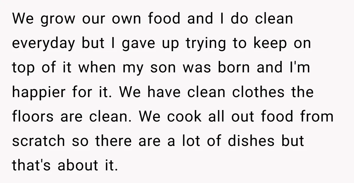 We grow our own food and I do clean everyday but I gave up trying to keep on top of it when my son was born and I'm happier for...