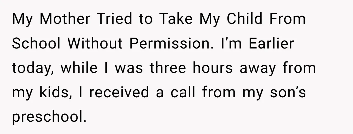 My Mother Tried to Take My Child From School Without Permission. I’m Earlier today, while I was three hours away from my kids, I received a call from my son’s...