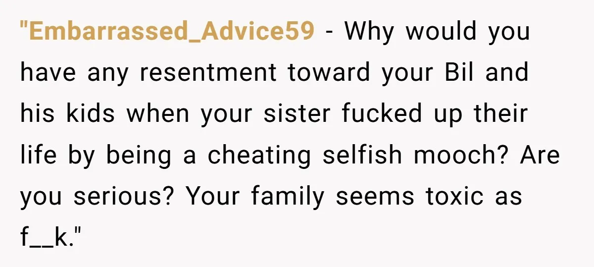 "Embarrassed_Advice59 − Why would you have any resentment toward your Bil and his kids when your sister fucked up their life by being a cheating selfish mooch? Are you serious?...