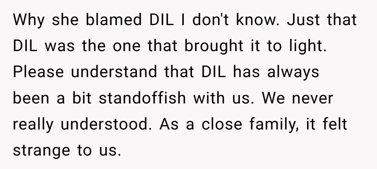Why she blamed DIL I don't know. Just that DIL was the one that brought it to light. Please understand that DIL has always been a bit standoffish with us....