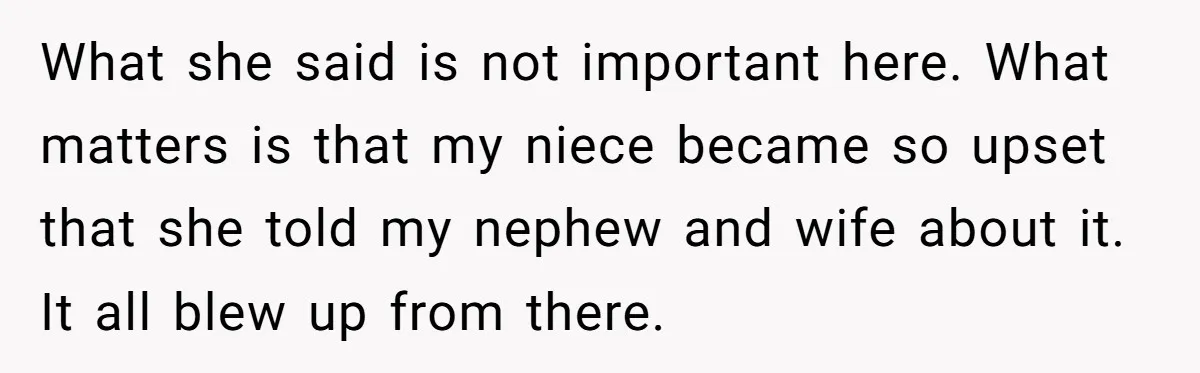 What she said is not important here. What matters is that my niece became so upset that she told my nephew and wife about it. It all blew up from...