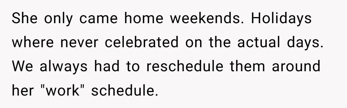 She only came home weekends. Holidays where never celebrated on the actual days. We always had to reschedule them around her "work" schedule.