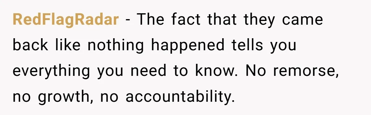 RedFlagRadar - The fact that they came back like nothing happened tells you everything you need to know. No remorse, no growth, no accountability.