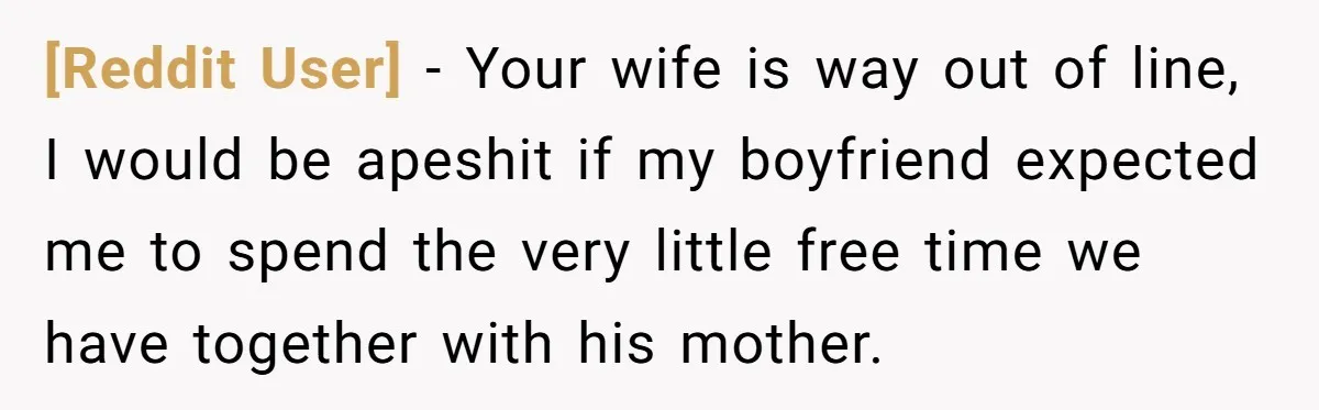 [Reddit User] − Your wife is way out of line, I would be apeshit if my boyfriend expected me to spend the very little free time we have together with...