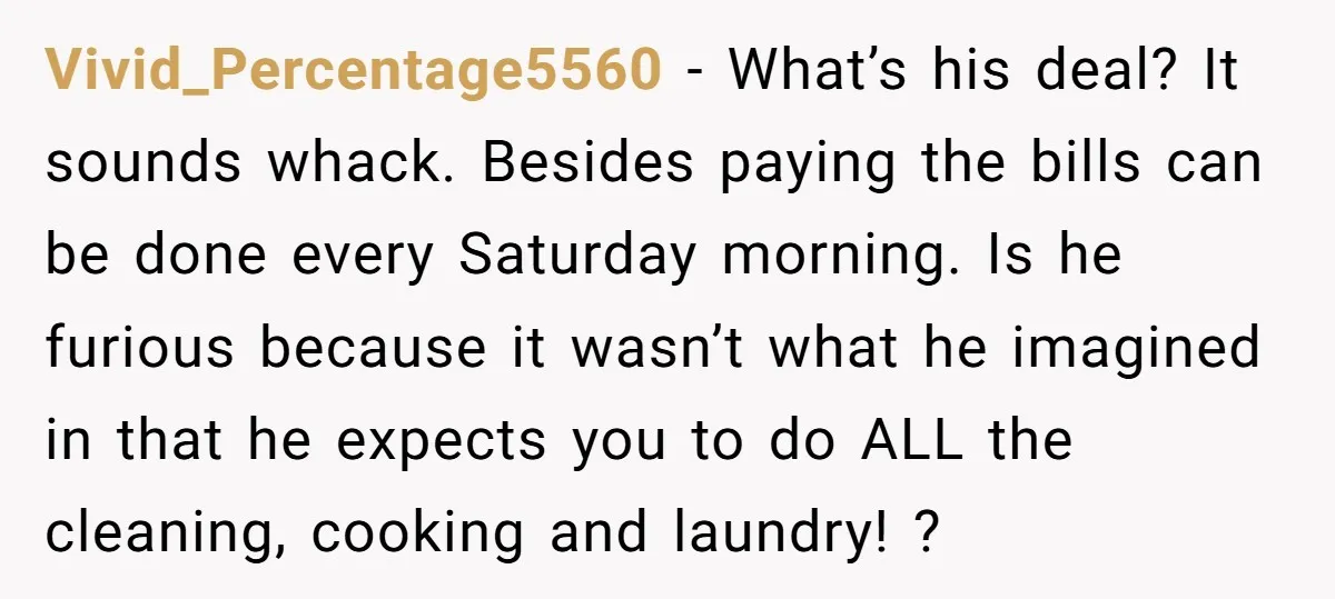 Vivid_Percentage5560 − What’s his deal? It sounds whack. Besides paying the bills can be done every Saturday morning. Is he furious because it wasn’t what he imagined in that he...