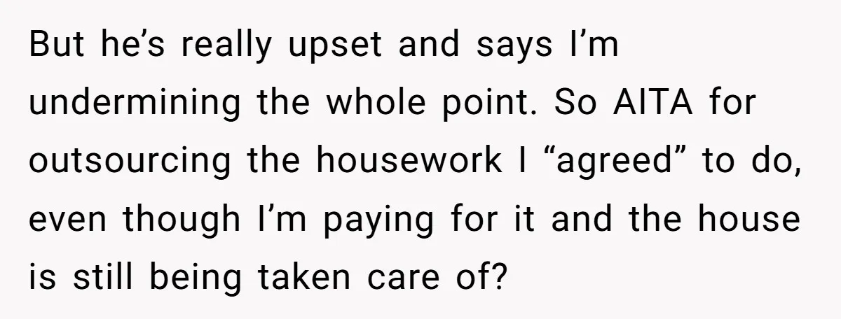 But he’s really upset and says I’m undermining the whole point. So AITA for outsourcing the housework I “agreed” to do, even though I’m paying for it and the house...