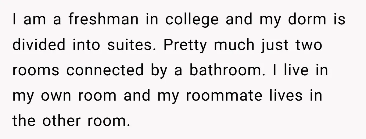 I am a freshman in college and my dorm is divided into suites. Pretty much just two rooms connected by a bathroom. I live in my own room and my...