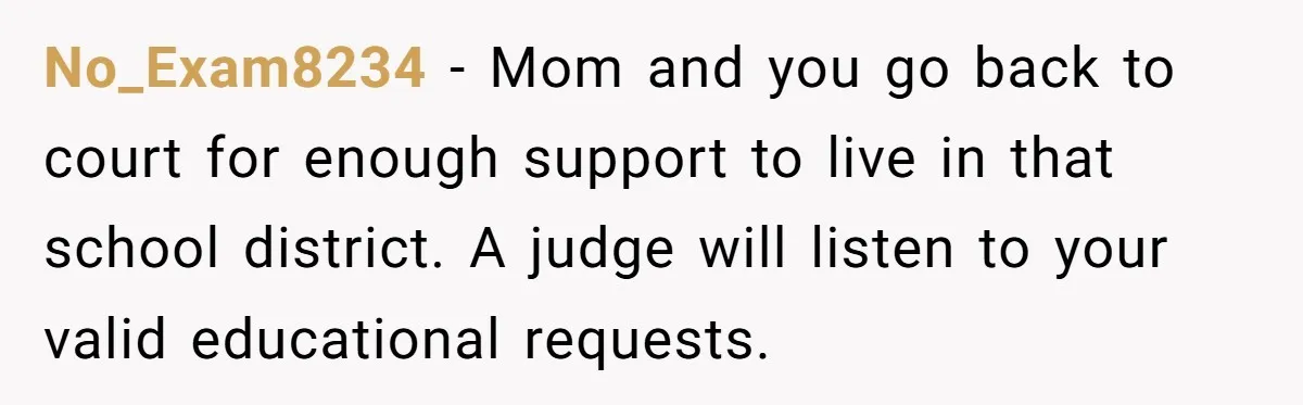 No_Exam8234 − Mom and you go back to court for enough support to live in that school district. A judge will listen to your valid educational requests.