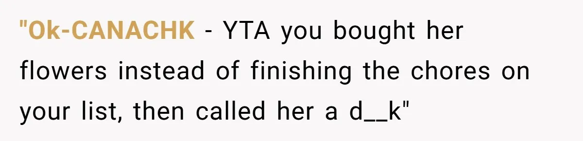 "Ok-CANACHK − YTA you bought her flowers instead of finishing the chores on your list, then called her a d__k"