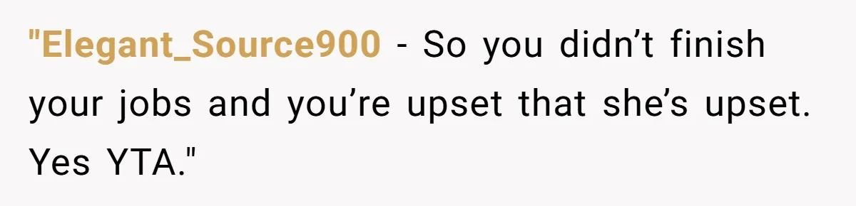 "Elegant_Source900 − So you didn’t finish your jobs and you’re upset that she’s upset. Yes YTA."