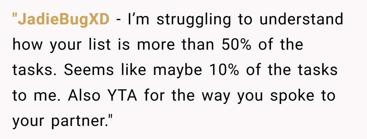 "JadieBugXD − I’m struggling to understand how your list is more than 50% of the tasks. Seems like maybe 10% of the tasks to me. Also YTA for the way...