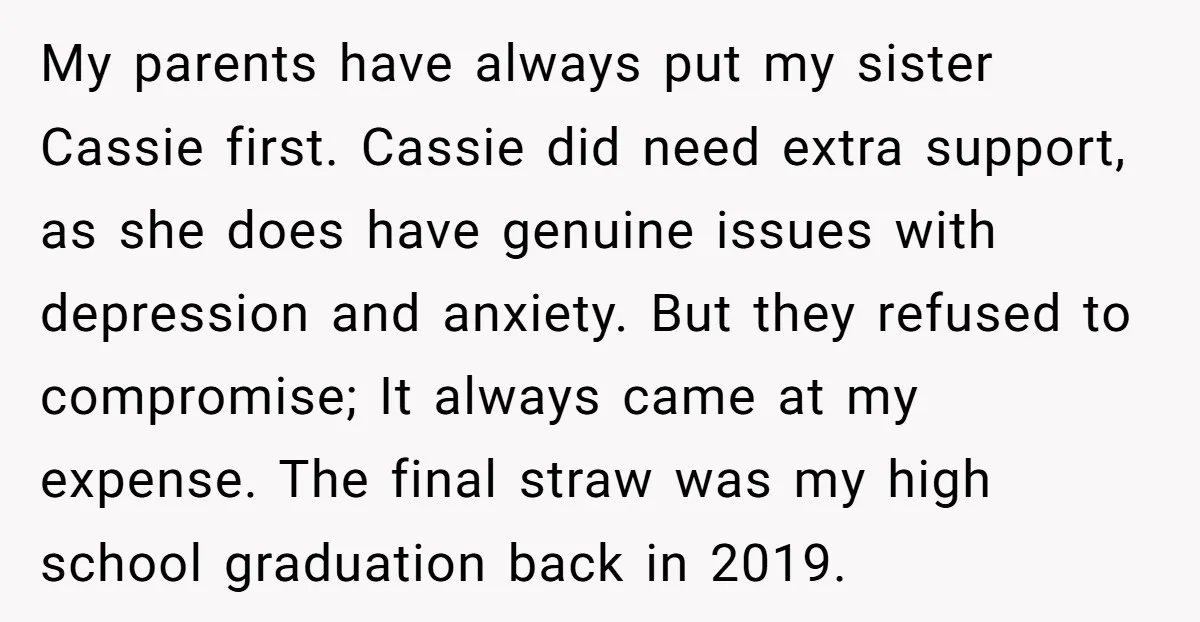 My parents have always put my sister Cassie first. Cassie did need extra support, as she does have genuine issues with depression and anxiety. But they refused to compromise; It...