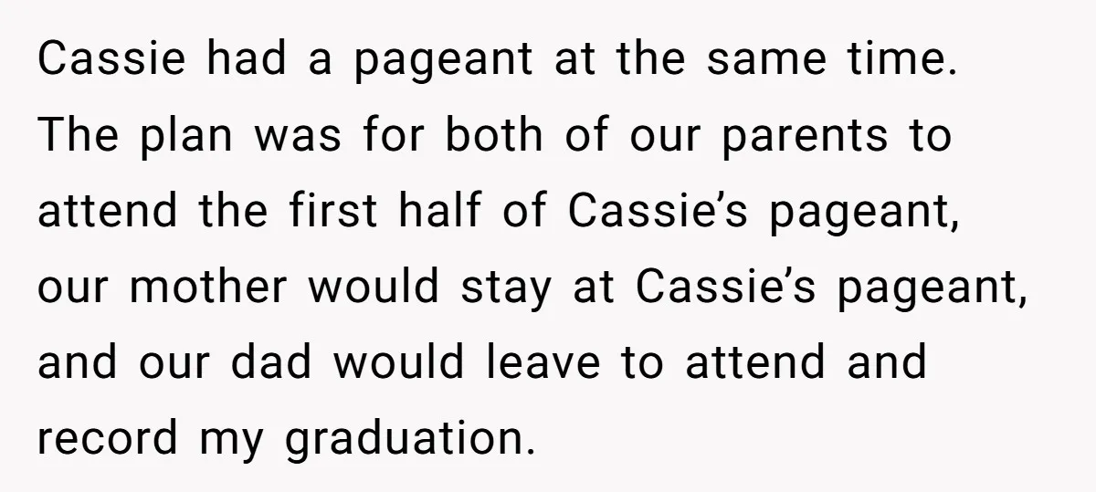 Cassie had a pageant at the same time. The plan was for both of our parents to attend the first half of Cassie’s pageant, our mother would stay at Cassie’s...