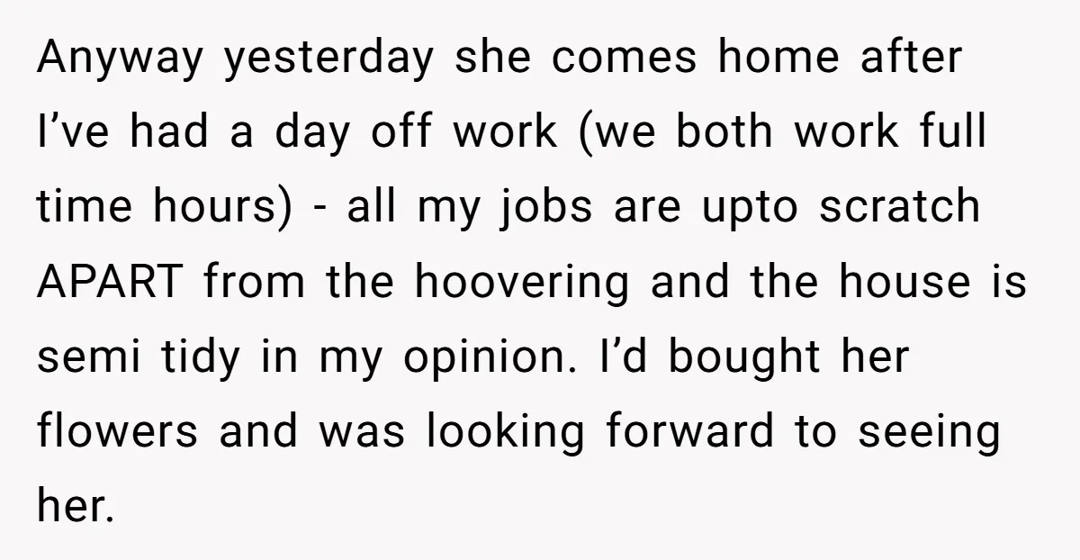 Anyway yesterday she comes home after I’ve had a day off work (we both work full time hours) - all my jobs are upto scratch APART from the hoovering and...