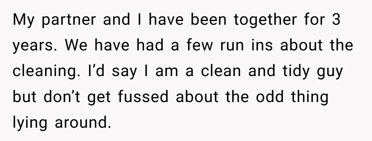 My partner and I have been together for 3 years. We have had a few run ins about the cleaning. I’d say I am a clean and tidy guy but...