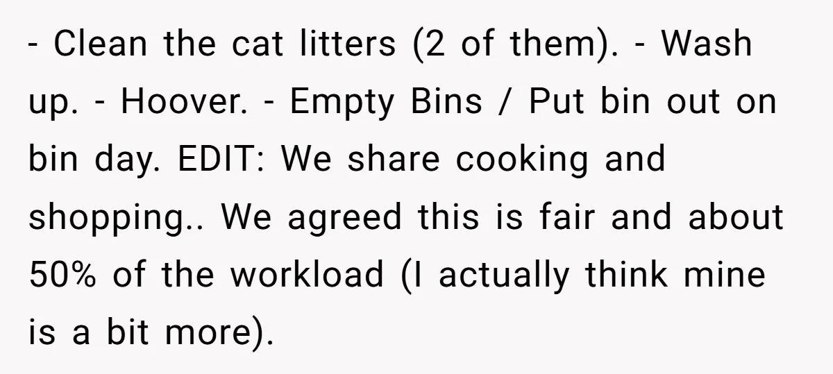 - Clean the cat litters (2 of them). - Wash up. - Hoover. - Empty Bins / Put bin out on bin day. EDIT: We share cooking and shopping.. We...
