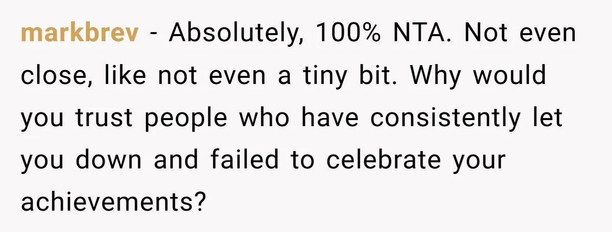 markbrev − Absolutely, 100% NTA. Not even close, like not even a tiny bit. Why would you trust people who have consistently let you down and failed to celebrate your...