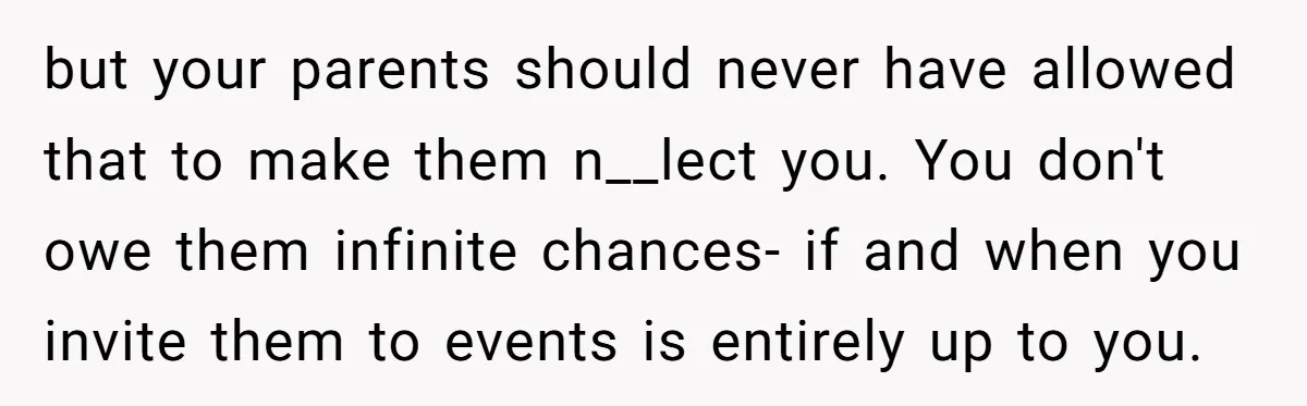 but your parents should never have allowed that to make them n__lect you. You don't owe them infinite chances- if and when you invite them to events is entirely up...