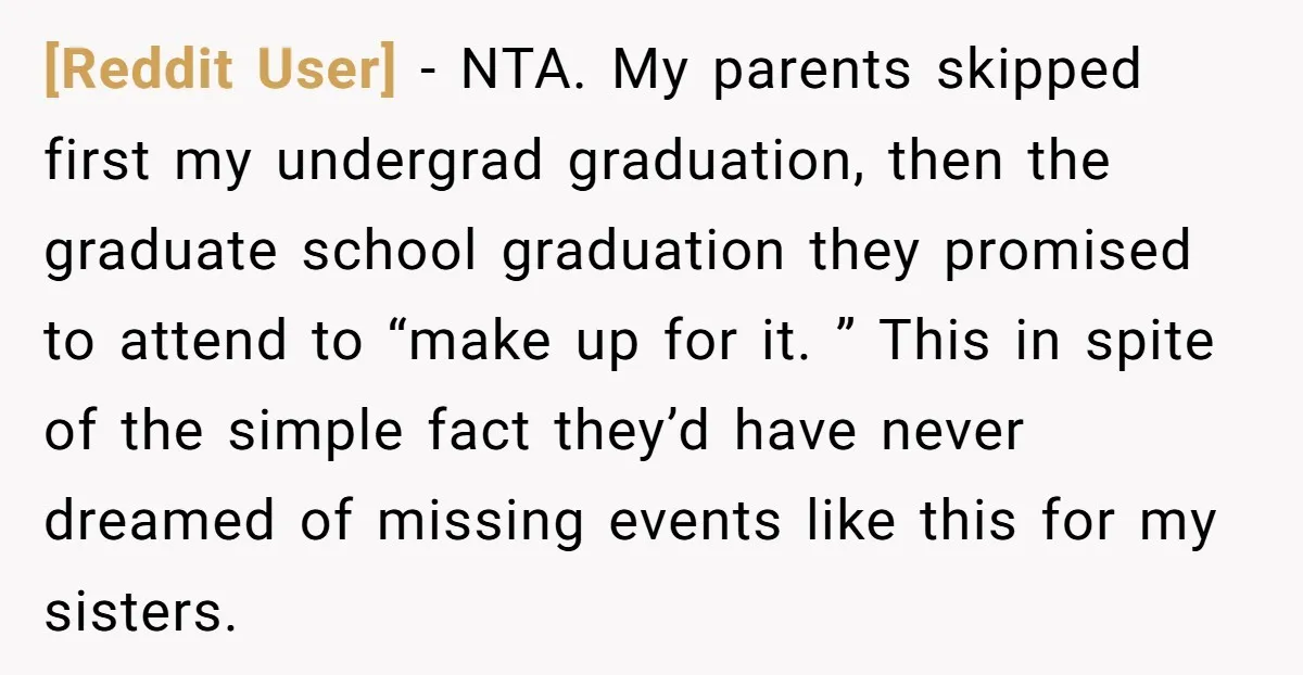 [Reddit User] − NTA. My parents skipped first my undergrad graduation, then the graduate school graduation they promised to attend to “make up for it. ” This in spite of...
