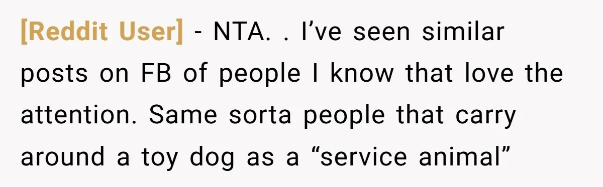 [Reddit User] − NTA. . I’ve seen similar posts on FB of people I know that love the attention. Same sorta people that carry around a toy dog as a...