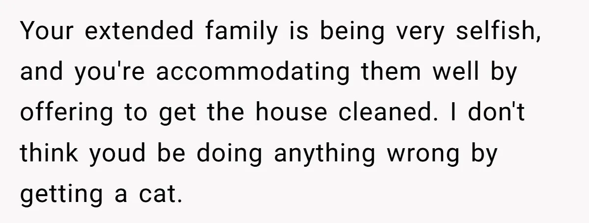 Your extended family is being very selfish, and you're accommodating them well by offering to get the house cleaned. I don't think youd be doing anything wrong by getting a...