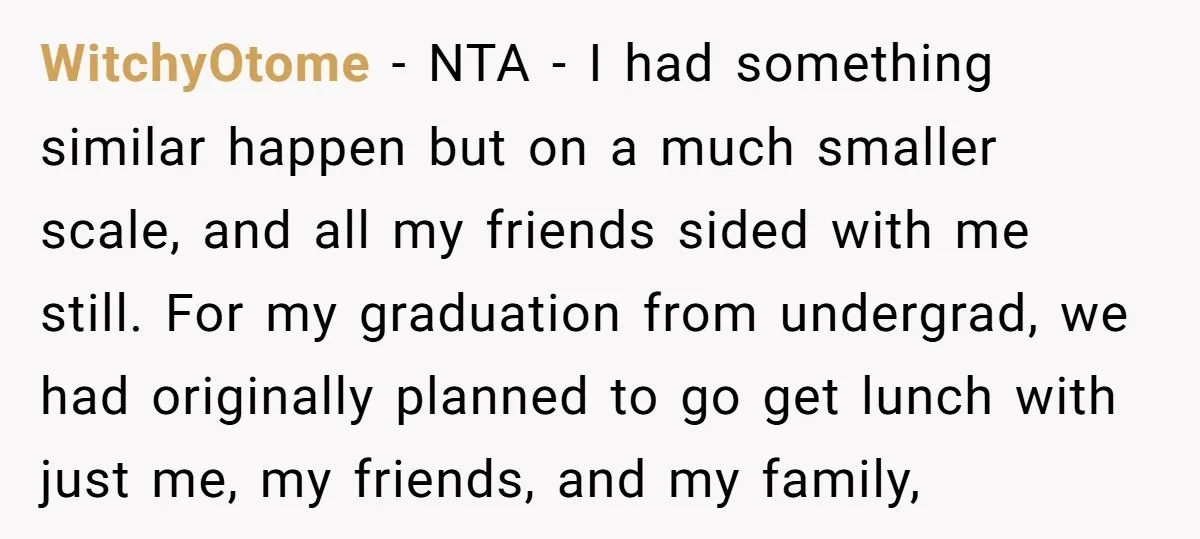 WitchyOtome − NTA - I had something similar happen but on a much smaller scale, and all my friends sided with me still. For my graduation from undergrad, we had...