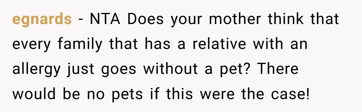 egnards − NTA Does your mother think that every family that has a relative with an allergy just goes without a pet? There would be no pets if this were...