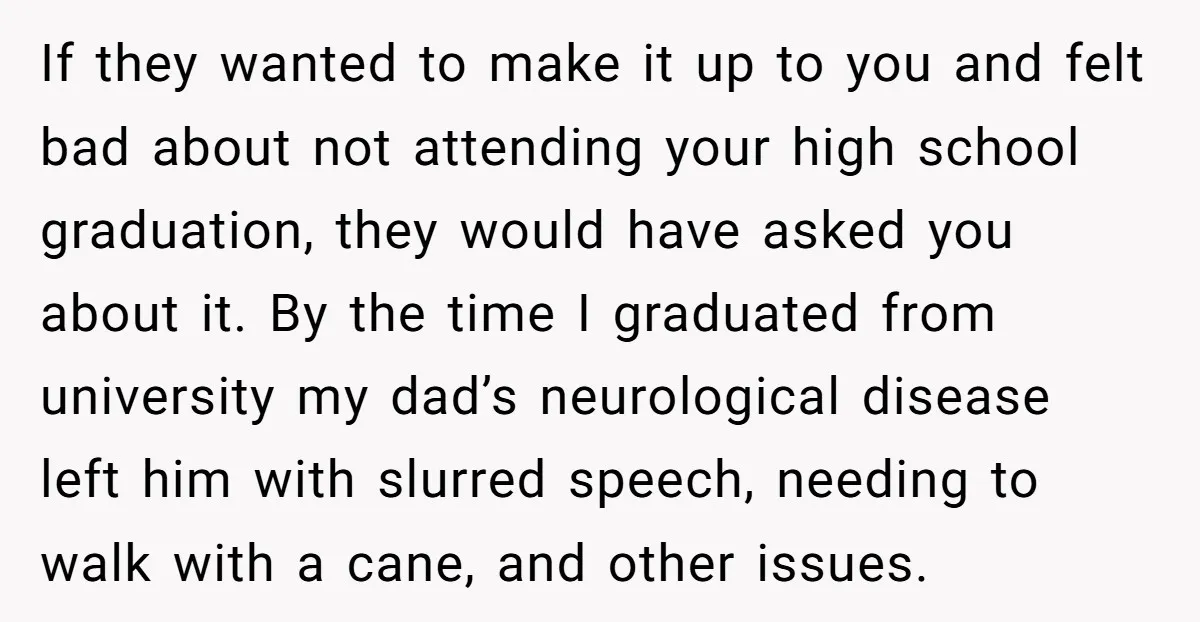 If they wanted to make it up to you and felt bad about not attending your high school graduation, they would have asked you about it. By the time I...