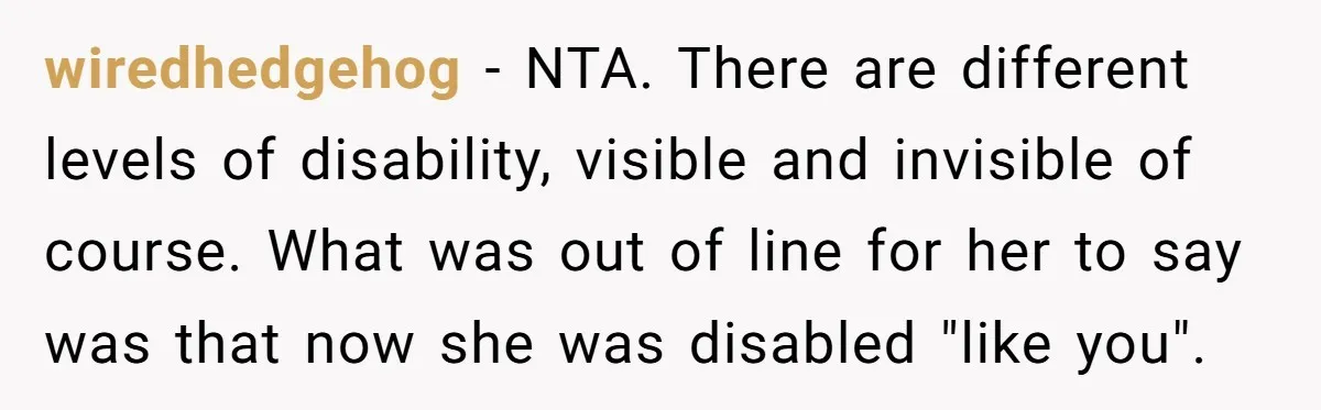 wiredhedgehog − NTA. There are different levels of disability, visible and invisible of course. What was out of line for her to say was that now she was disabled "like...