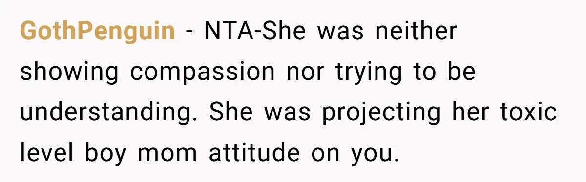 GothPenguin − NTA-She was neither showing compassion nor trying to be understanding. She was projecting her toxic level boy mom attitude on you.