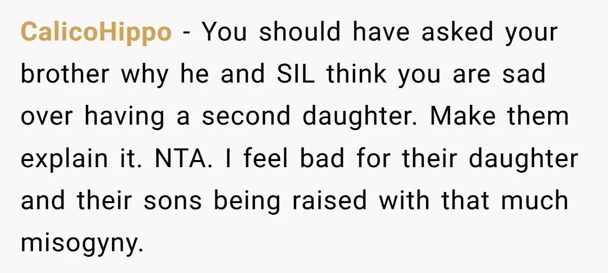 CalicoHippo − You should have asked your brother why he and SIL think you are sad over having a second daughter. Make them explain it. NTA. I feel bad for...