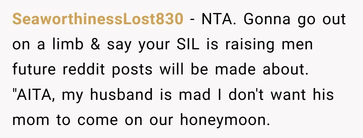 SeaworthinessLost830 − NTA. Gonna go out on a limb & say your SIL is raising men future reddit posts will be made about. "AITA, my husband is mad I don't...