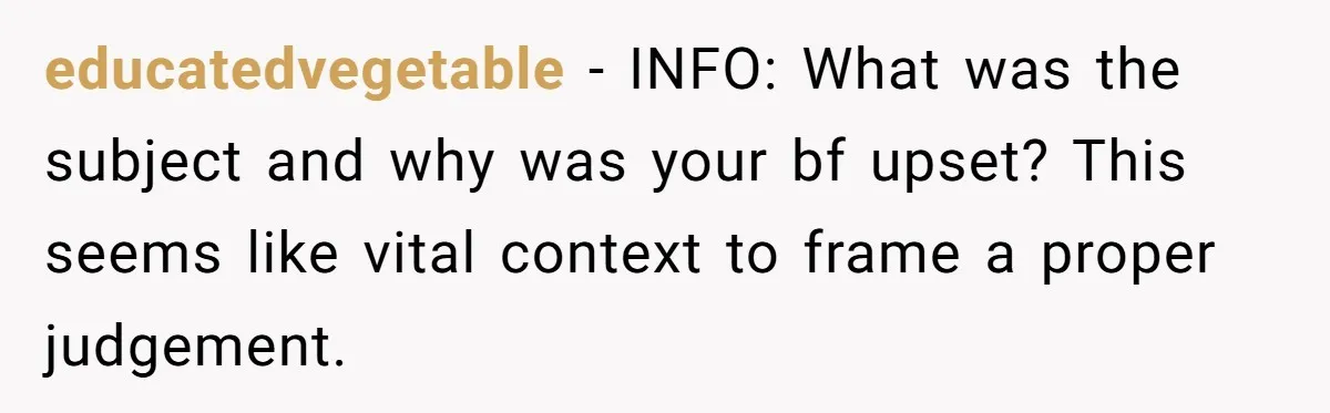 educatedvegetable − INFO: What was the subject and why was your bf upset? This seems like vital context to frame a proper judgement.