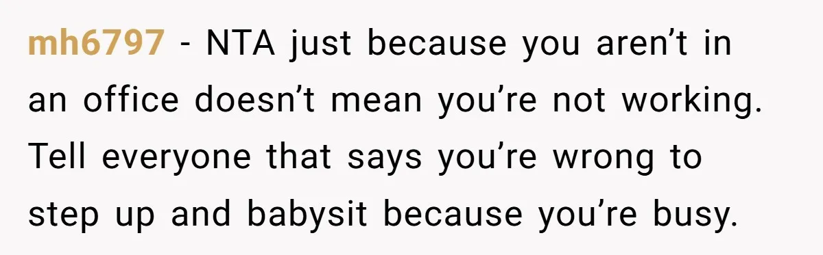 mh6797 − NTA just because you aren’t in an office doesn’t mean you’re not working. Tell everyone that says you’re wrong to step up and babysit because you’re busy.