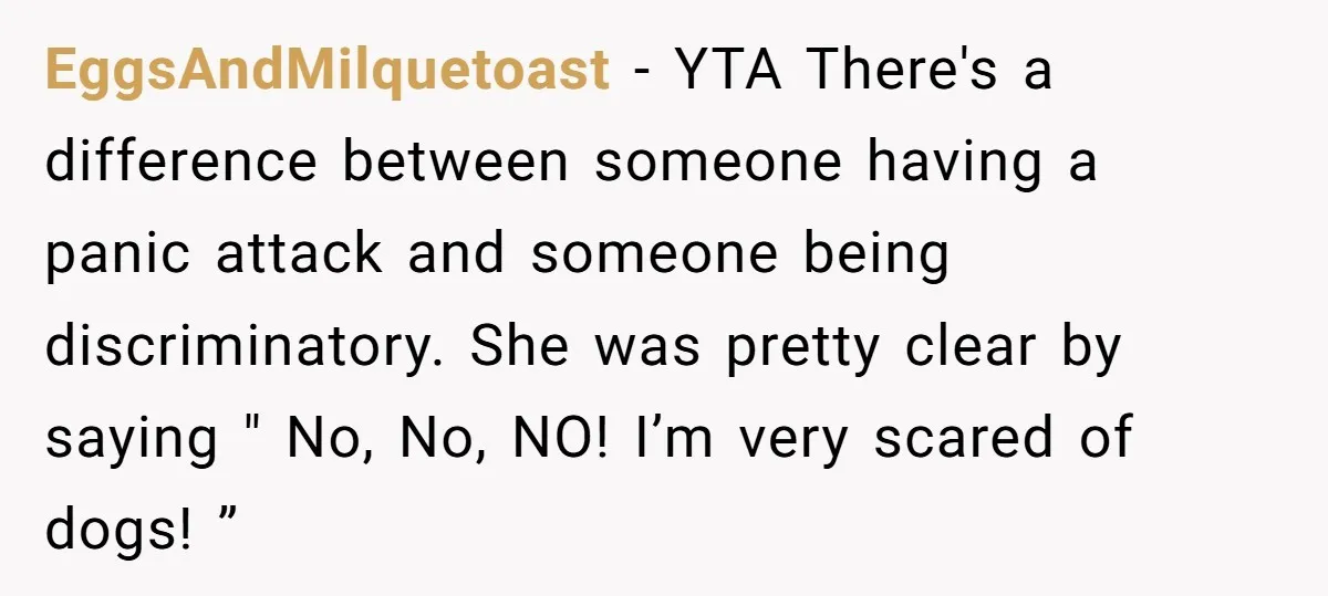 EggsAndMilquetoast − YTA There's a difference between someone having a panic attack and someone being discriminatory. She was pretty clear by saying " No, No, NO! I’m very scared of...