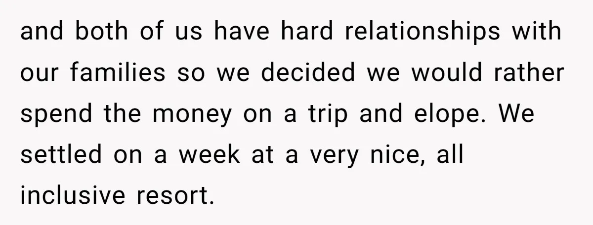 and both of us have hard relationships with our families so we decided we would rather spend the money on a trip and elope. We settled on a week at...