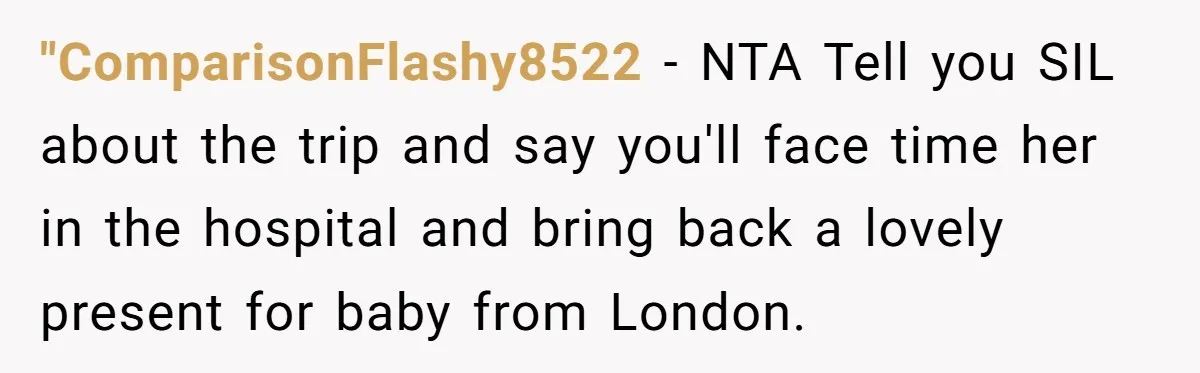 "ComparisonFlashy8522 − NTA Tell you SIL about the trip and say you'll face time her in the hospital and bring back a lovely present for baby from London.
