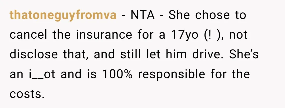 thatoneguyfromva − NTA - She chose to cancel the insurance for a 17yo (! ), not disclose that, and still let him drive. She’s an i__ot and is 100% responsible...