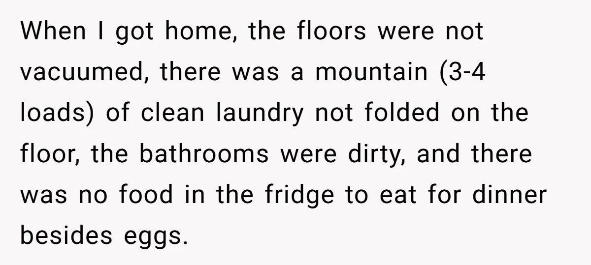 When I got home, the floors were not vacuumed, there was a mountain (3-4 loads) of clean laundry not folded on the floor, the bathrooms were dirty, and there was...