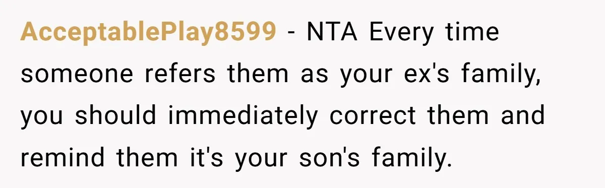 AcceptablePlay8599 − NTA Every time someone refers them as your ex's family, you should immediately correct them and remind them it's your son's family.