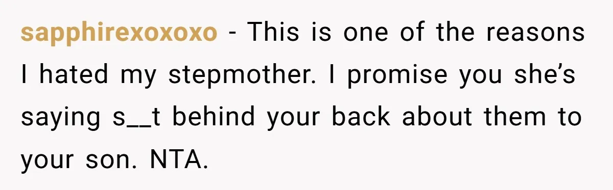 sapphirexoxoxo − This is one of the reasons I hated my stepmother. I promise you she’s saying s__t behind your back about them to your son. NTA.