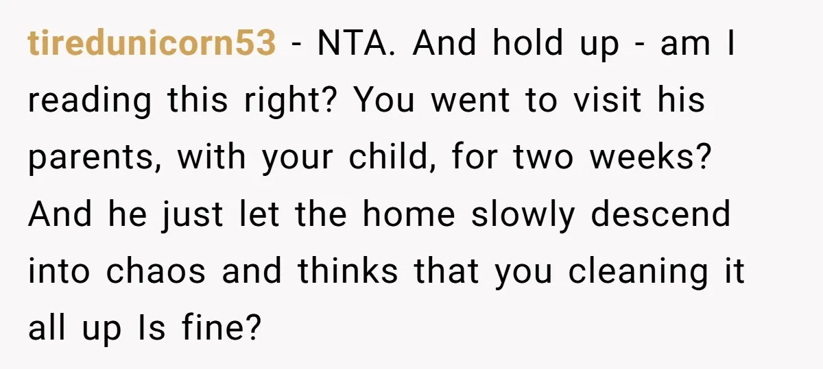 tiredunicorn53 − NTA. And hold up - am I reading this right? You went to visit his parents, with your child, for two weeks? And he just let the home...