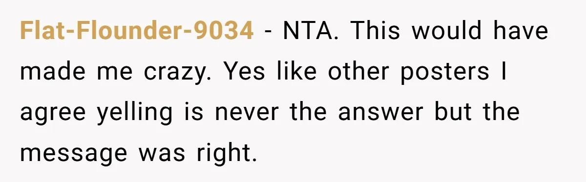 Flat-Flounder-9034 − NTA. This would have made me crazy. Yes like other posters I agree yelling is never the answer but the message was right.