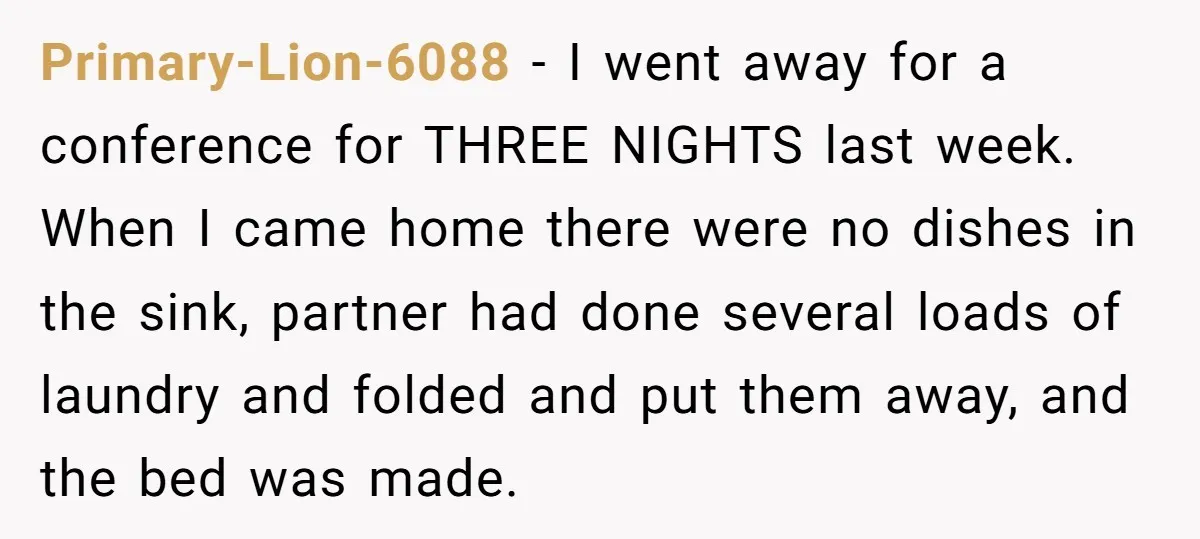Primary-Lion-6088 − I went away for a conference for THREE NIGHTS last week. When I came home there were no dishes in the sink, partner had done several loads of...