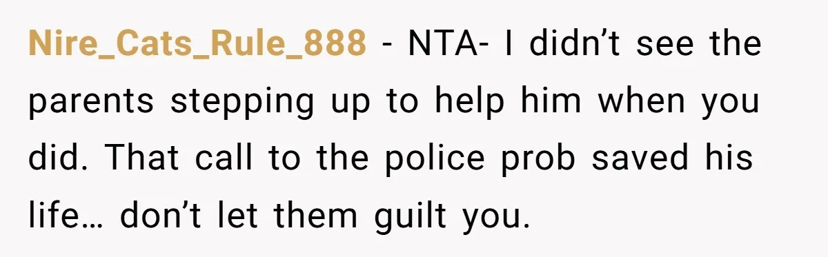 Nire_Cats_Rule_888 − NTA- I didn’t see the parents stepping up to help him when you did. That call to the police prob saved his life… don’t let them guilt you.
