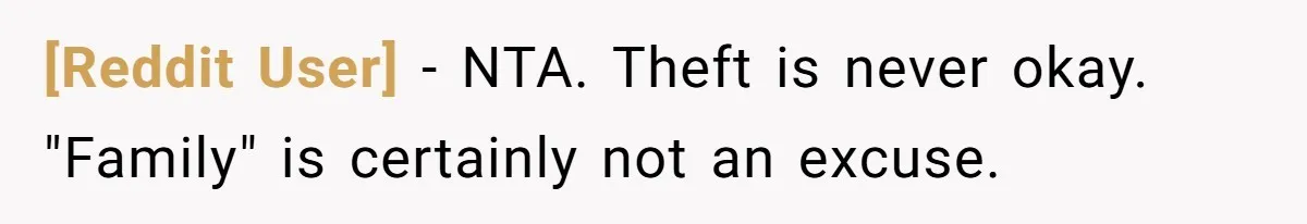 [Reddit User] − NTA. Theft is never okay. "Family" is certainly not an excuse.