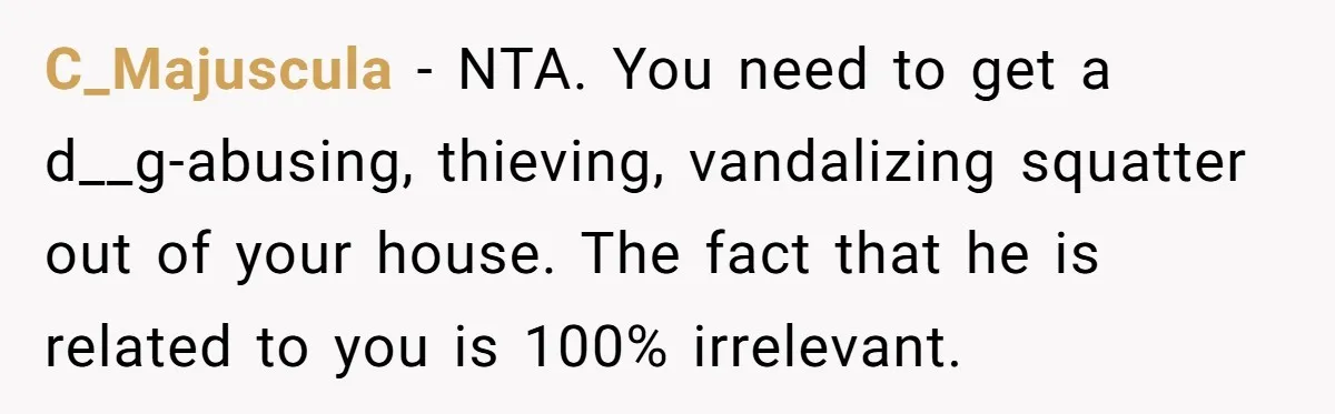 C_Majuscula − NTA. You need to get a d__g-abusing, thieving, vandalizing squatter out of your house. The fact that he is related to you is 100% irrelevant.
