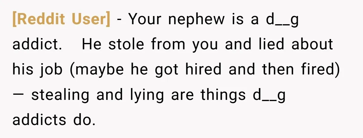 [Reddit User] − Your nephew is a d__g addict. He stole from you and lied about his job (maybe he got hired and then fired)— stealing and lying are things...